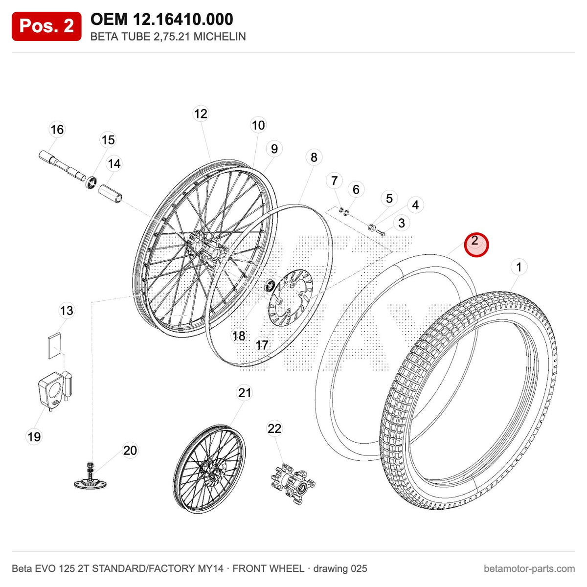 BETA TUBE 2,75.21 MICHELIN – OEM 12.16410.000, position 2 on the Beta EVO 125 2T STANDARD/FACTORY MY14 front wheel drawing