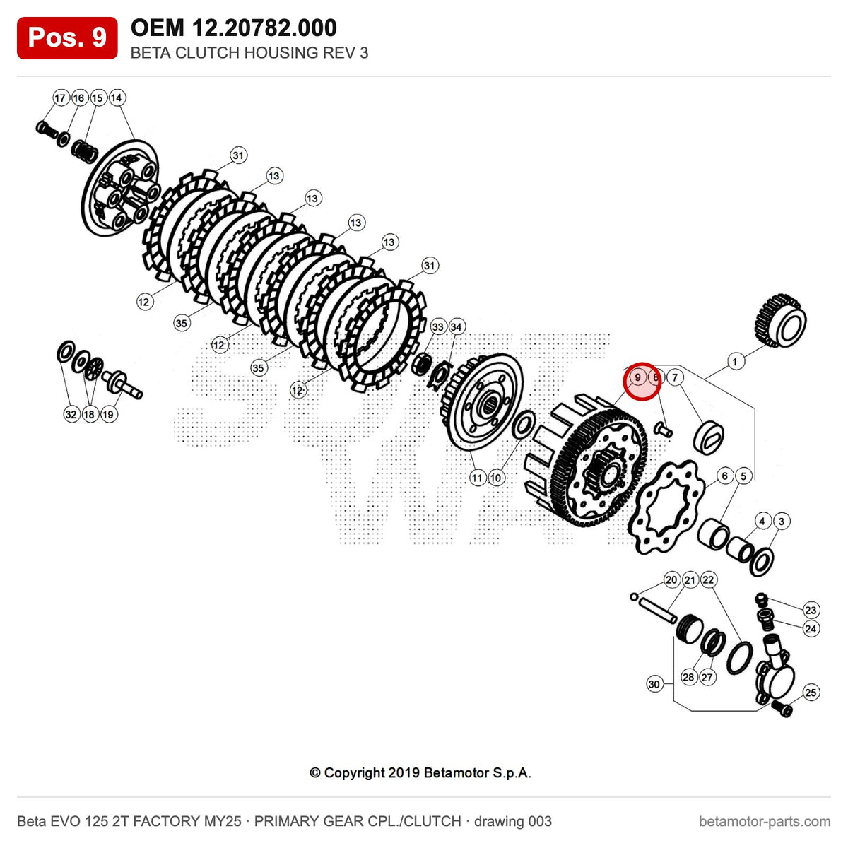 BETA CLUTCH HOUSING REV 3 – OEM 12.20782.000, position 9 on the Beta EVO 125 2T FACTORY MY25 primary gear cpl./clutch drawing