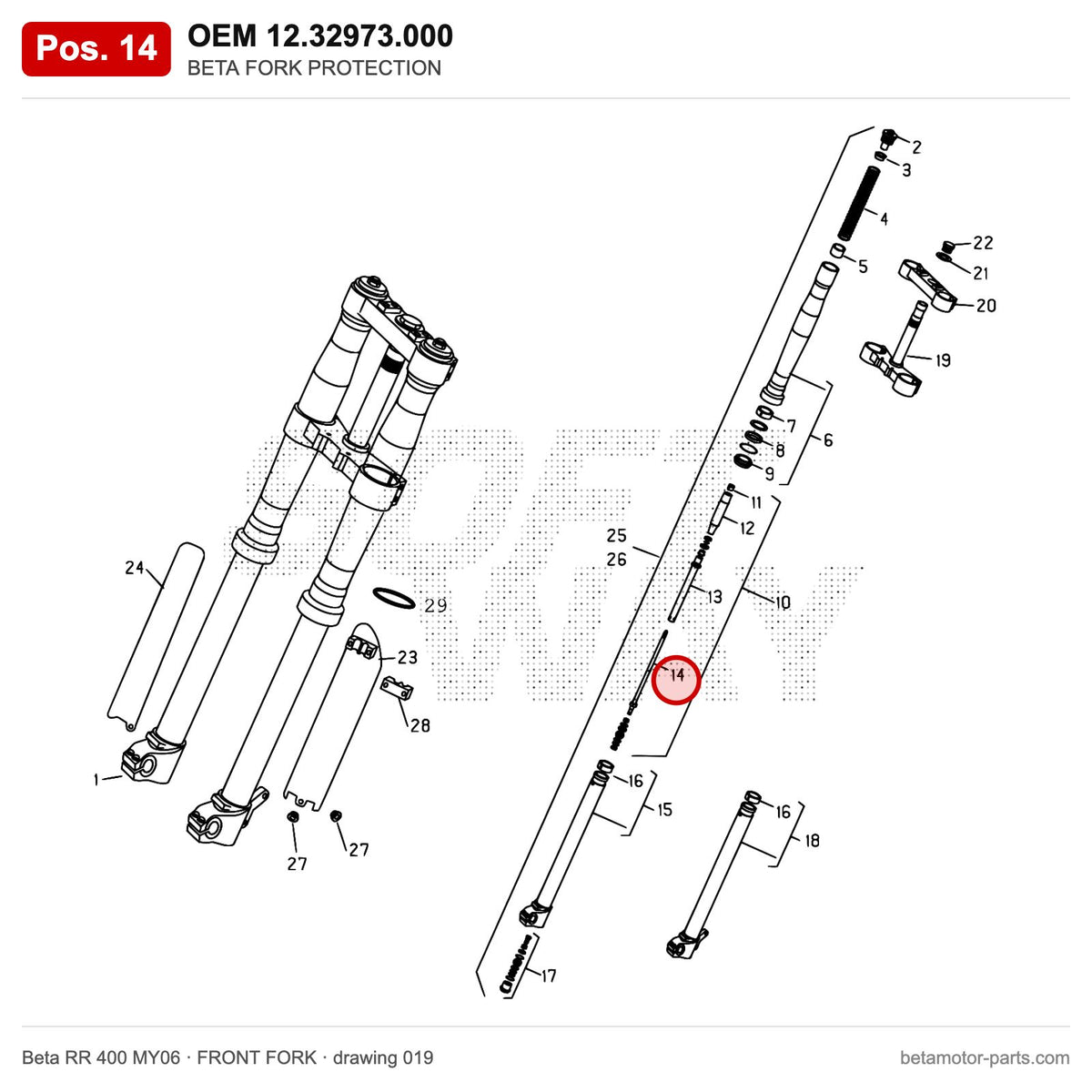 BETA FORK PROTECTION – OEM 12.32973.000, position 14 on the Beta RR 400 MY06 front fork drawing