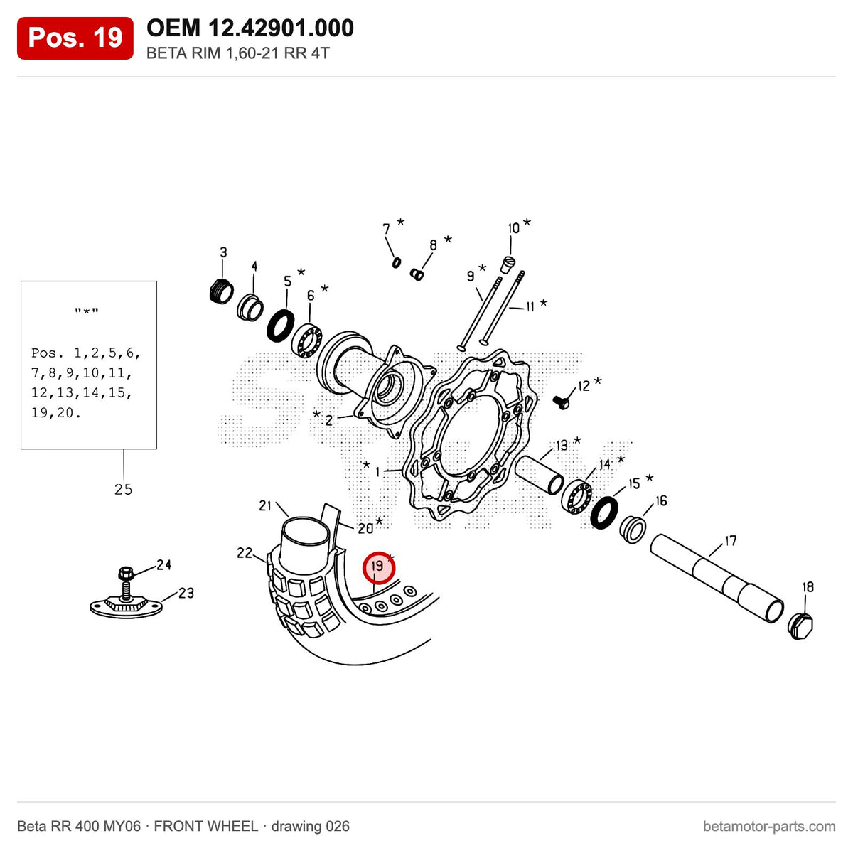 BETA RIM 1,60-21 RR 4T – OEM 12.42901.000, position 19 on the Beta RR 400 MY06 front wheel drawing