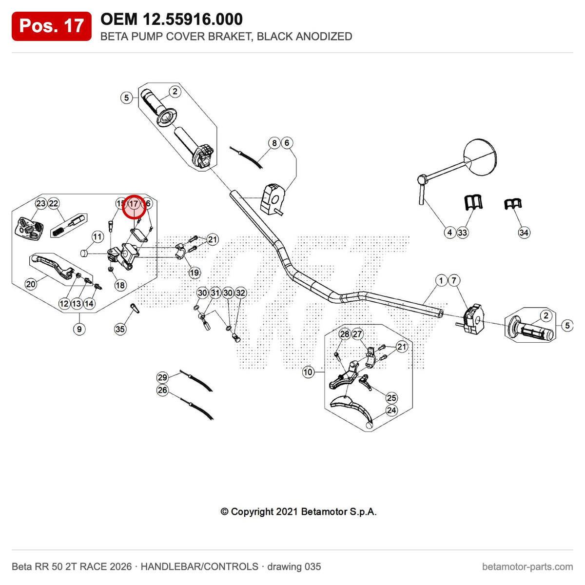 BETA PUMP COVER BRAKET, BLACK ANODIZED – OEM 12.55916.000, position 17 on the Beta RR 50 2T RACE 2026 handlebar/controls drawing