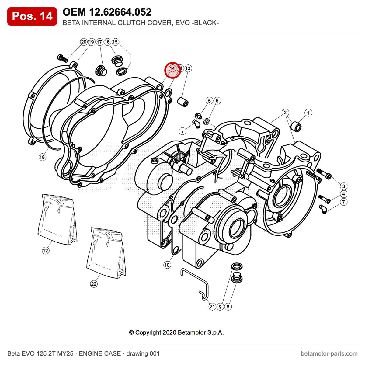 BETA INTERNAL CLUTCH COVER, EVO -BLACK- – OEM 12.62664.052, position 14 on the Beta EVO 125 2T MY25 engine case drawing