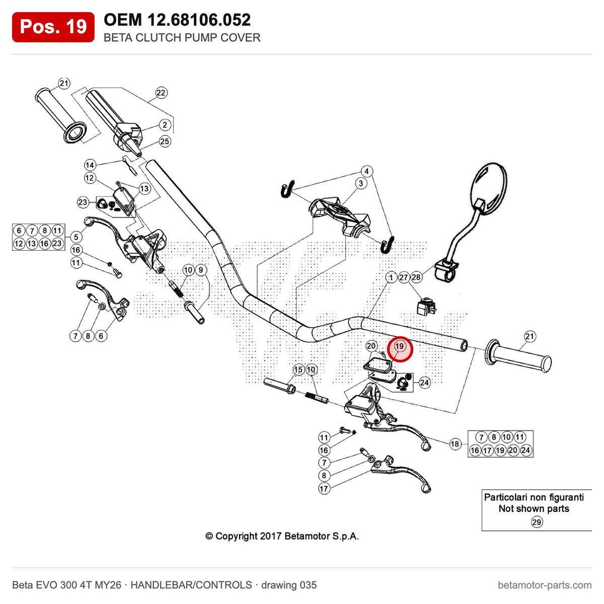 BETA CLUTCH PUMP COVER – OEM 12.68106.052, position 19 on the Beta EVO 300 4T MY26 handlebar/controls drawing