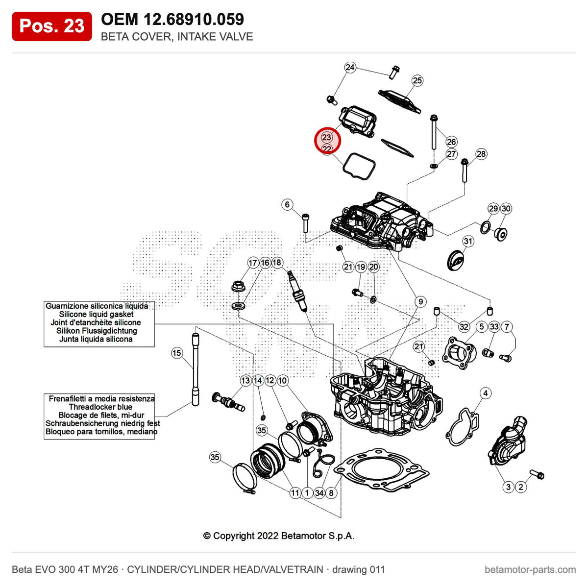 BETA COVER, INTAKE VALVE – OEM 12.68910.059, position 23 on the Beta EVO 300 4T MY26 cylinder/cylinder head/valvetrain drawing