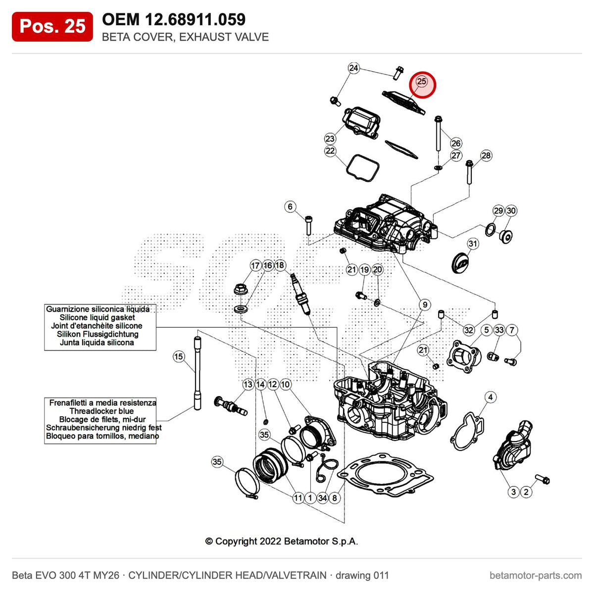 BETA COVER, EXHAUST VALVE – OEM 12.68911.059, position 25 on the Beta EVO 300 4T MY26 cylinder/cylinder head/valvetrain drawing