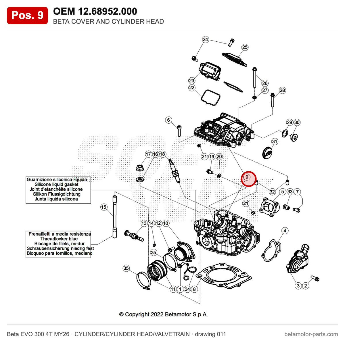 BETA COVER AND CYLINDER HEAD – OEM 12.68952.000, position 9 on the Beta EVO 300 4T MY26 cylinder/cylinder head/valvetrain drawing