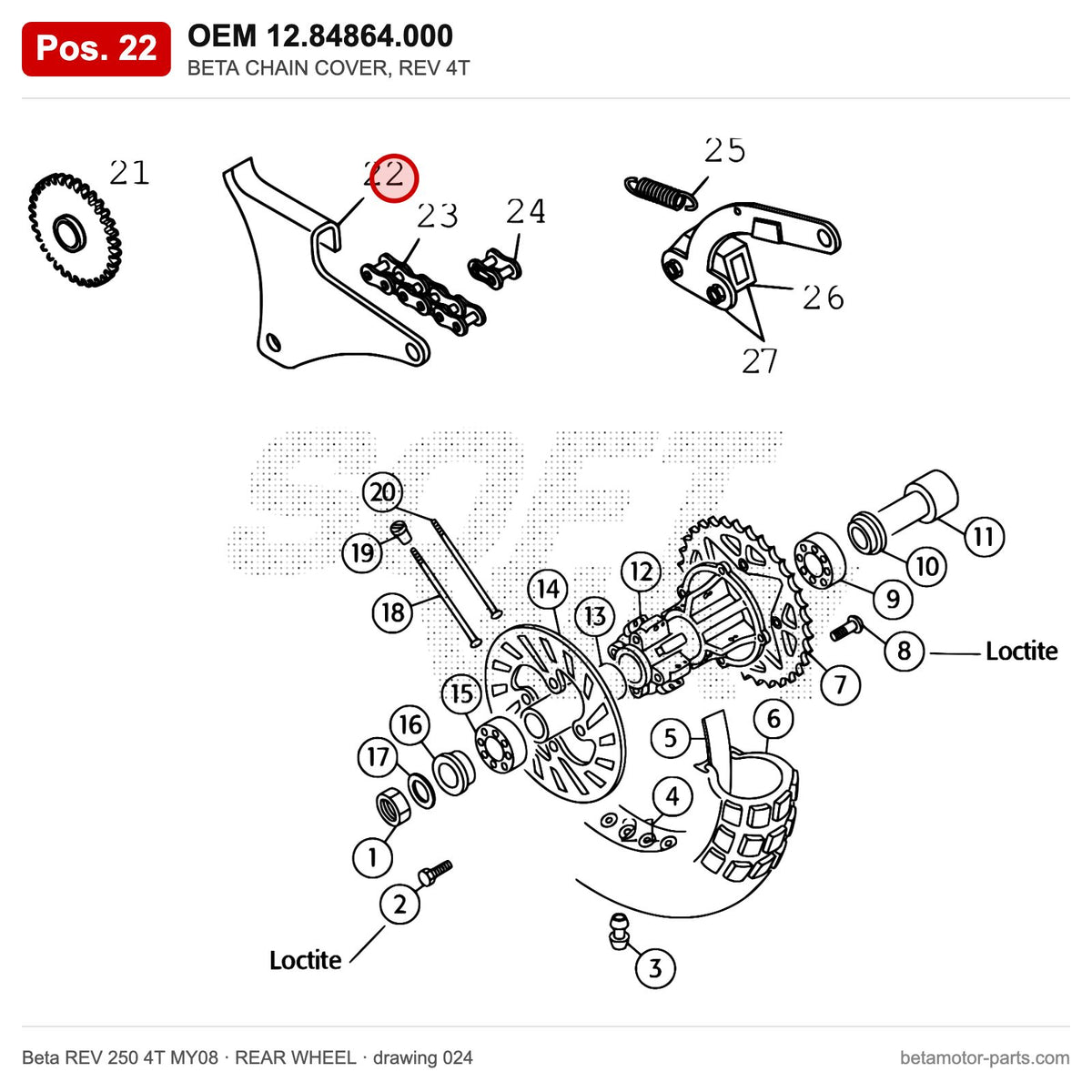 BETA CHAIN COVER, REV 4T – OEM 12.84864.000, position 22 on the Beta REV 250 4T MY08 rear wheel drawing