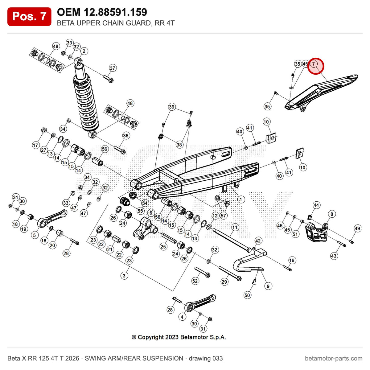 BETA UPPER CHAIN GUARD, RR 4T – OEM 12.88591.159, position 7 on the Beta X RR 125 4T T 2026 swing arm/rear suspension drawing