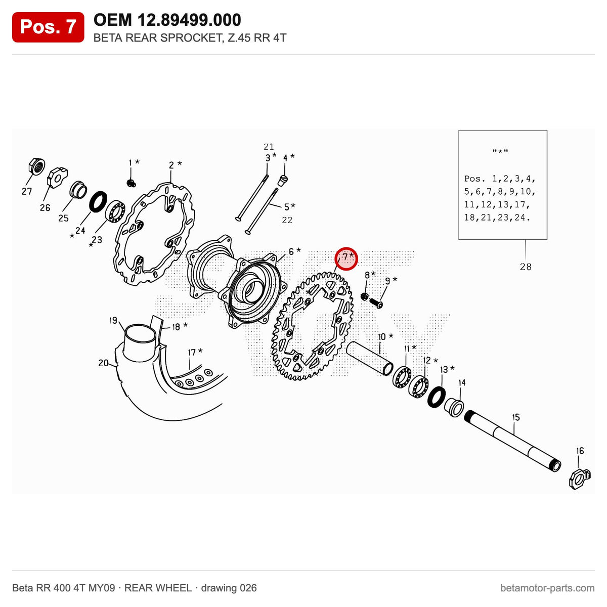 BETA REAR SPROCKET, Z.45 RR 4T – OEM 12.89499.000, position 7 on the Beta RR 400 4T MY09 rear wheel drawing