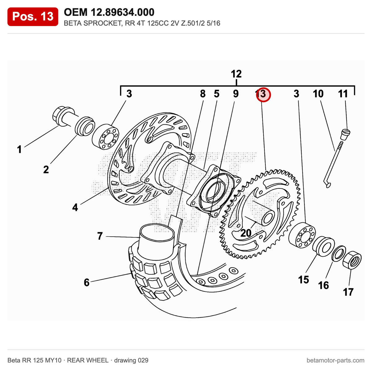 BETA SPROCKET, RR 4T 125CC 2V Z.501/2 5/16 – OEM 12.89634.000, position 13 on the Beta RR 125 MY10 rear wheel drawing