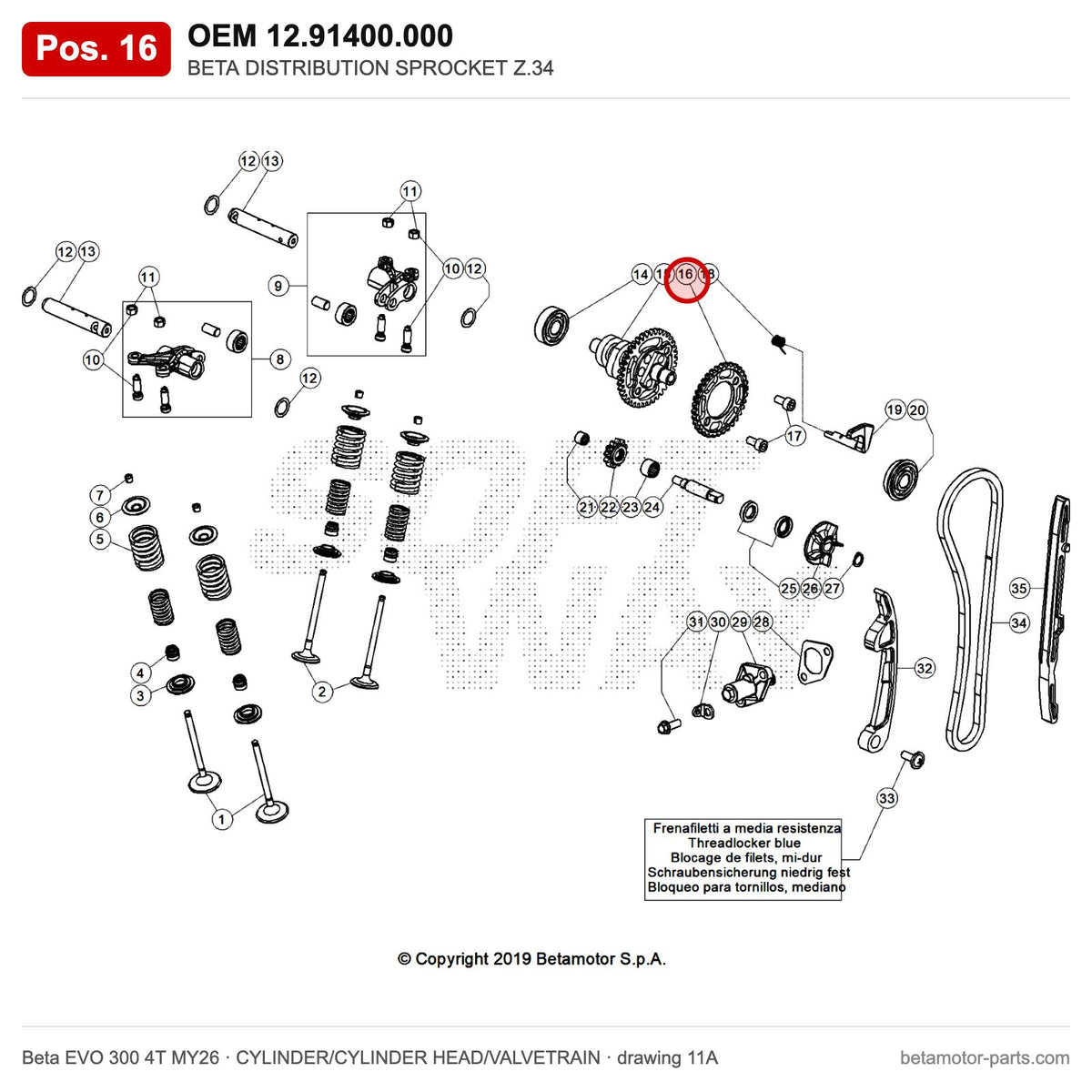BETA DISTRIBUTION SPROCKET Z.34 – OEM 12.91400.000, position 16 on the Beta EVO 300 4T MY26 cylinder/cylinder head/valvetrain drawing