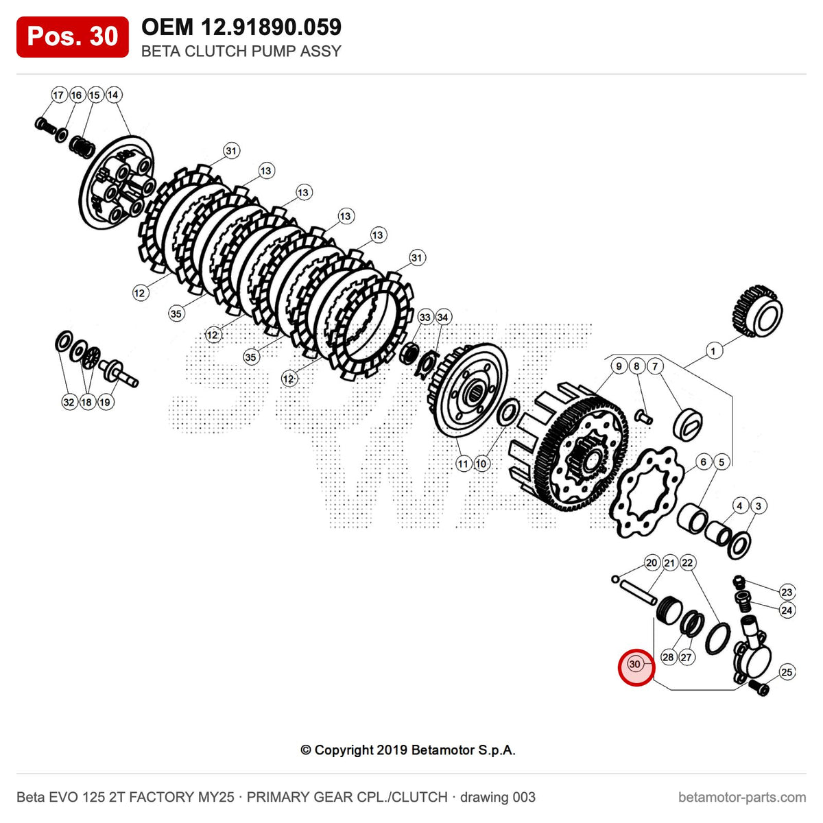 BETA CLUTCH PUMP ASSY – OEM 12.91890.059, position 30 on the Beta EVO 125 2T FACTORY MY25 primary gear cpl./clutch drawing