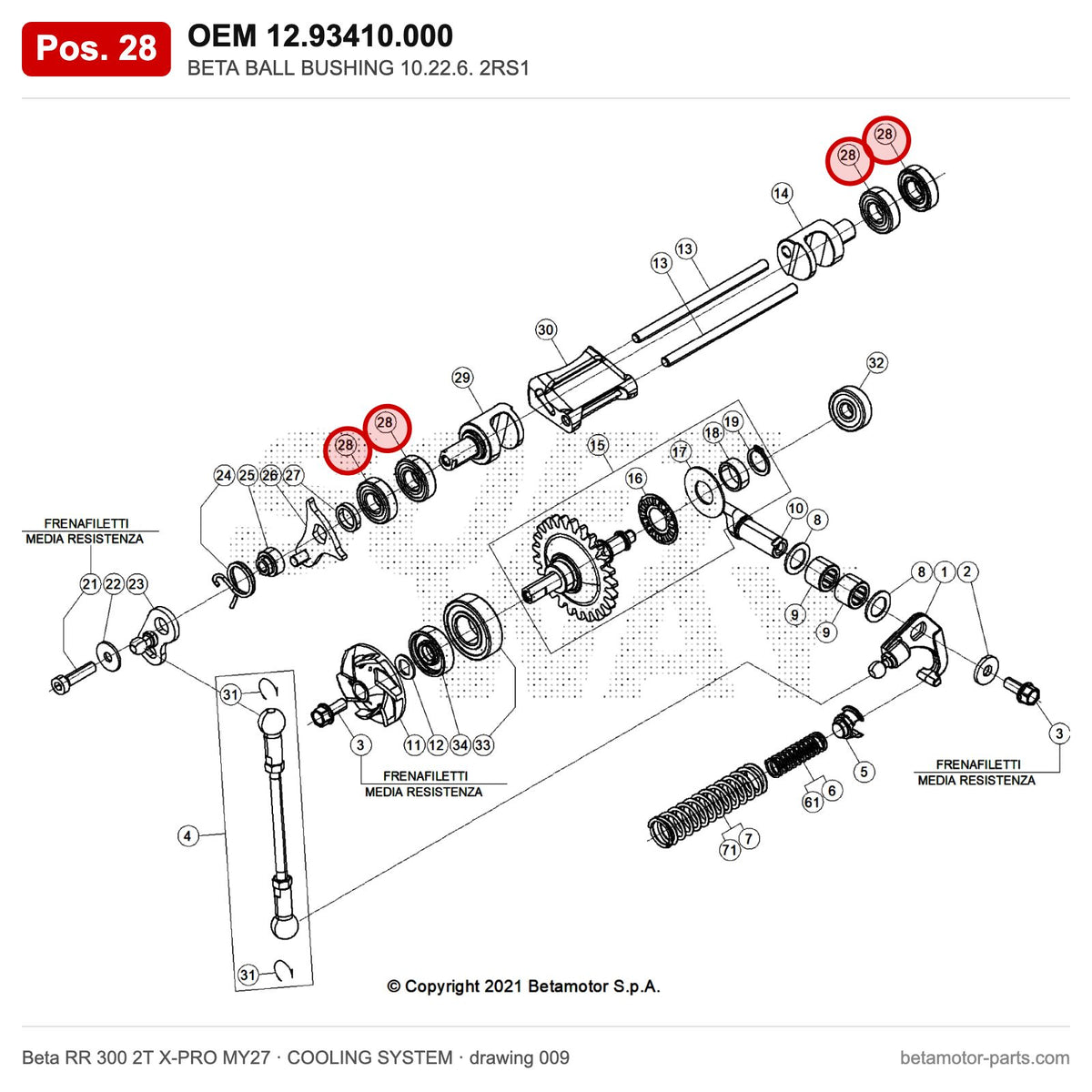 BETA BALL BUSHING 10.22.6. 2RS1 – OEM 12.93410.000, position 28 on the Beta RR 300 2T X-PRO MY27 cooling system drawing