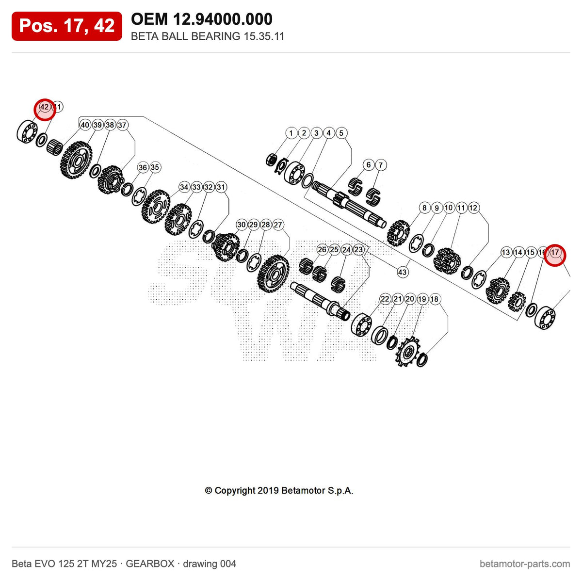 BETA BALL BEARING 15.35.11 – OEM 12.94000.000, positions 17,42 on the Beta EVO 125 2T MY25 gearbox drawing