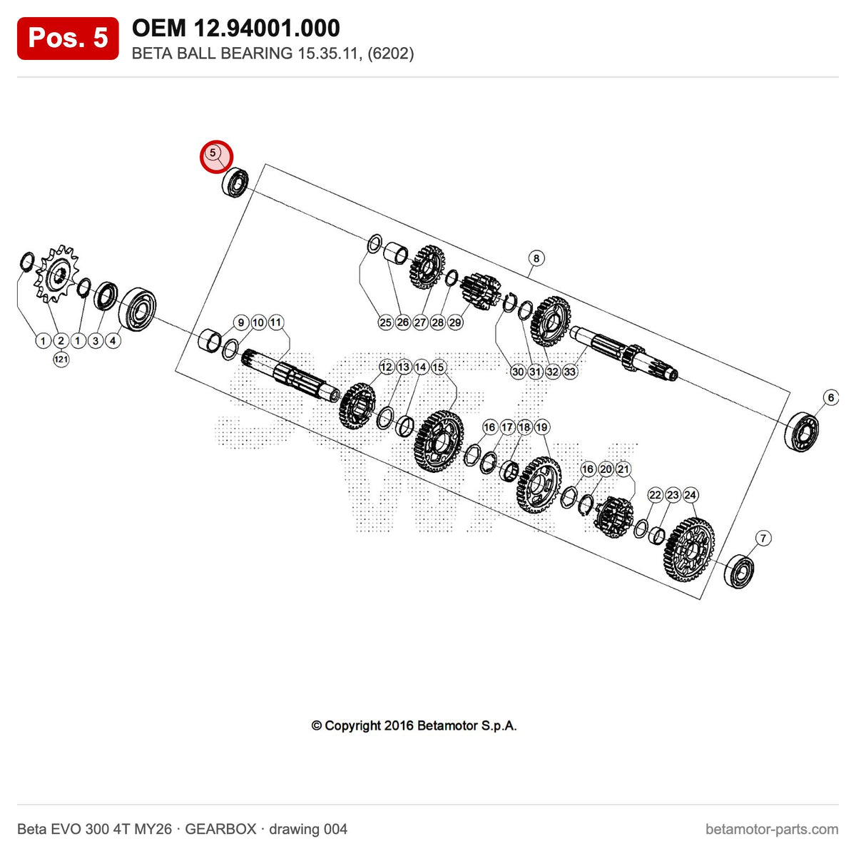 BETA BALL BEARING 15.35.11, (6202) – OEM 12.94001.000, position 5 on the Beta EVO 300 4T MY26 gearbox drawing