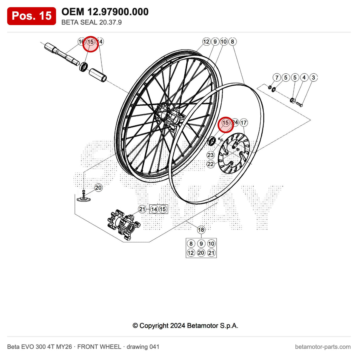 BETA SEAL 20.37.9 – OEM 12.97900.000, position 15 on the Beta EVO 300 4T MY26 front wheel drawing