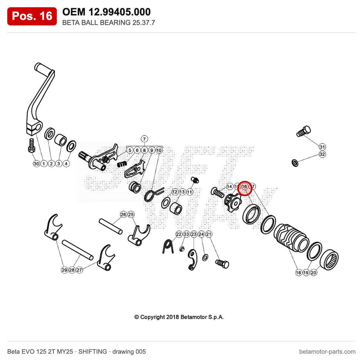 BETA BALL BEARING 25.37.7 – OEM 12.99405.000, position 16 on the Beta EVO 125 2T MY25 shifting drawing