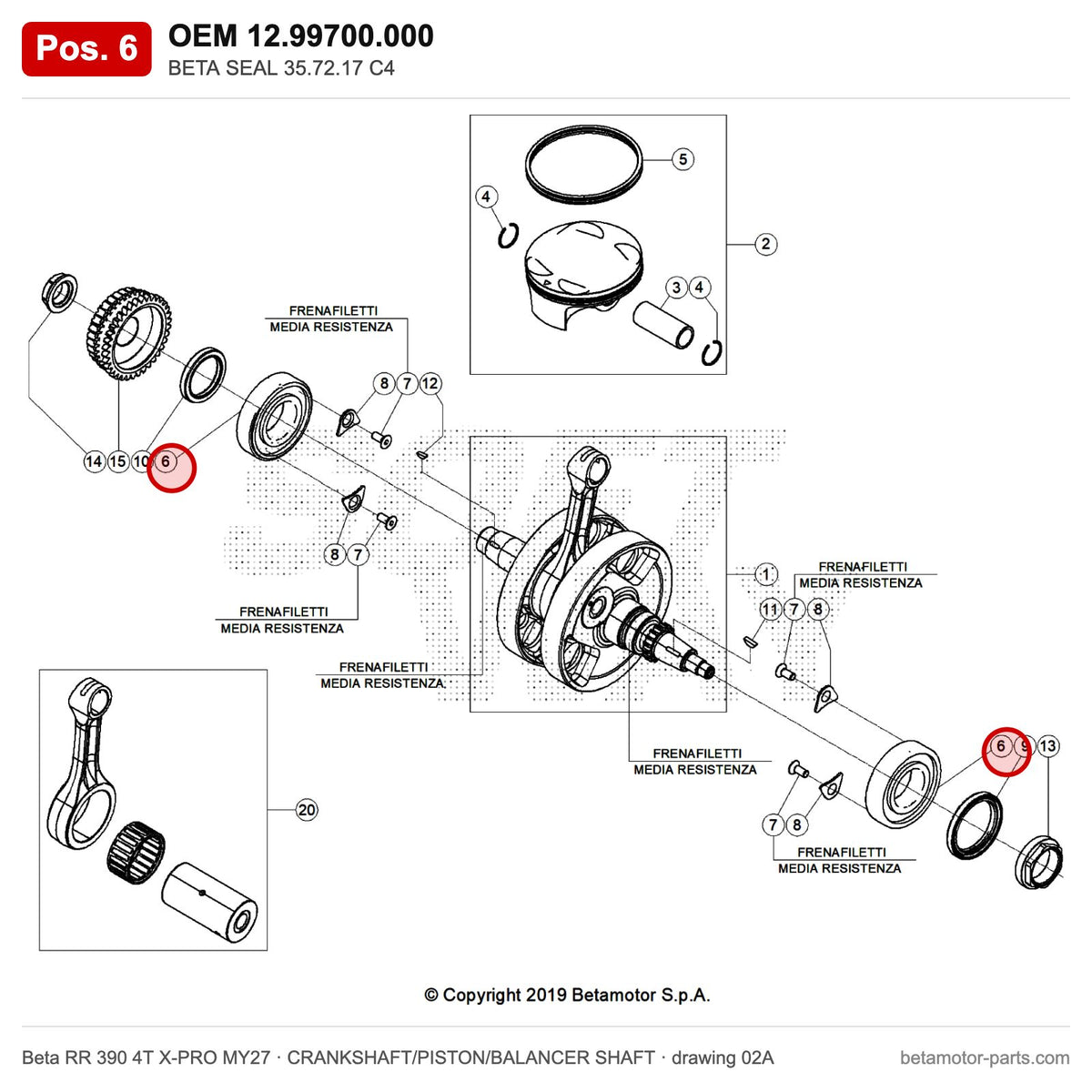 BETA SEAL 35.72.17 C4 – OEM 12.99700.000, position 6 on the Beta RR 390 4T X-PRO MY27 crankshaft/piston/balancer shaft drawing