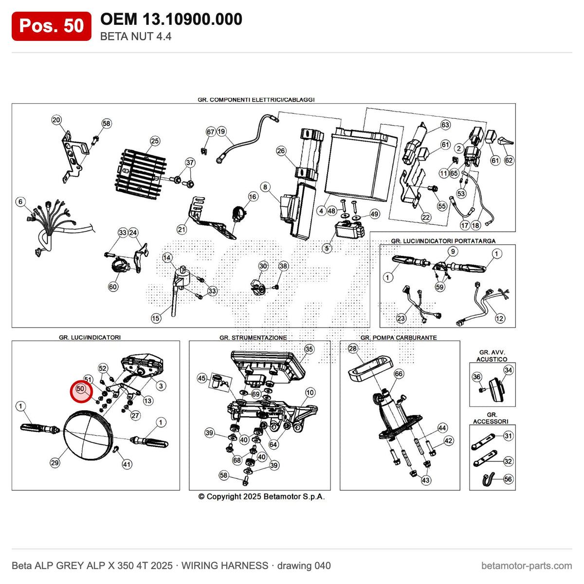 BETA NUT 4.4 – OEM 13.10900.000, position 50 on the Beta ALP GREY ALP X 350 4T 2025 wiring harness drawing