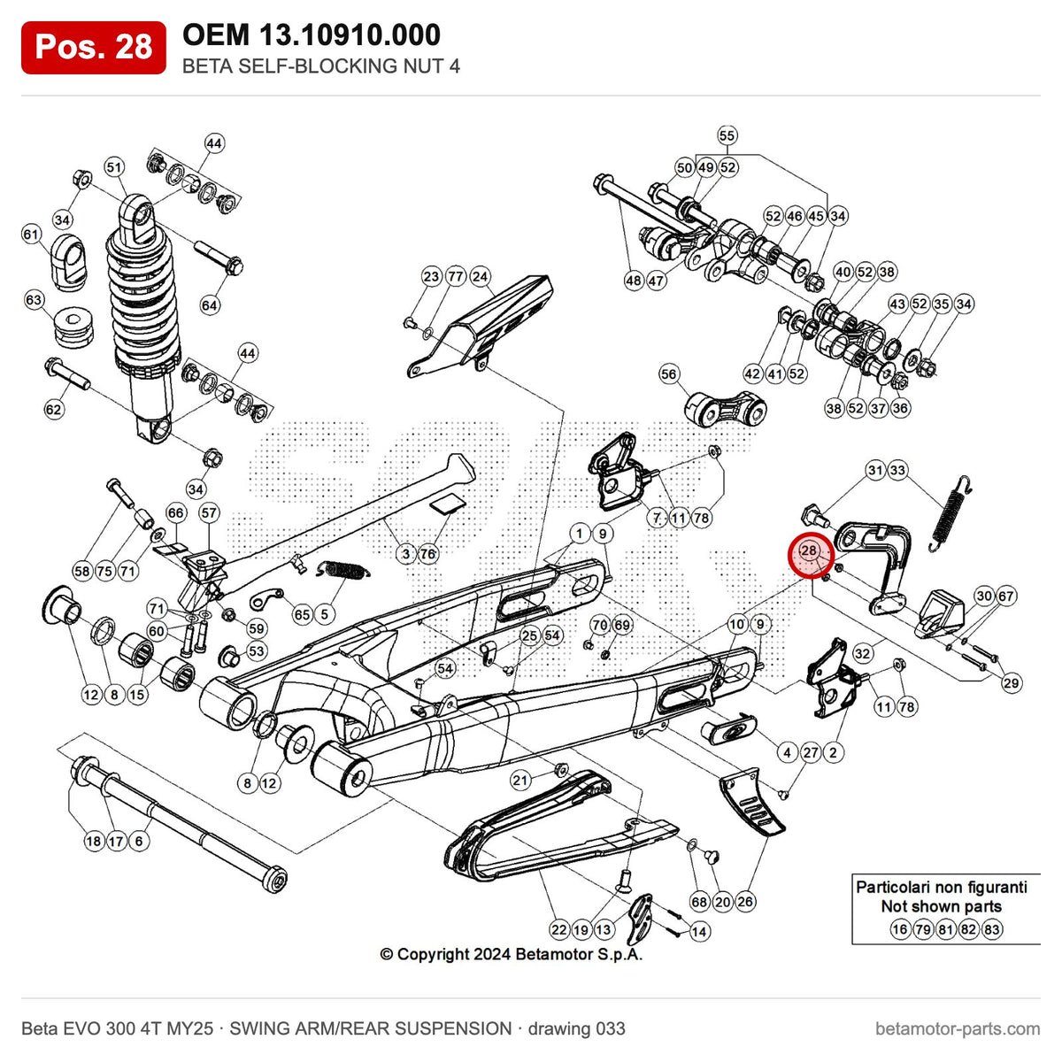 BETA SELF-BLOCKING NUT 4 – OEM 13.10910.000, position 28 on the Beta EVO 300 4T MY25 swing arm/rear suspension drawing