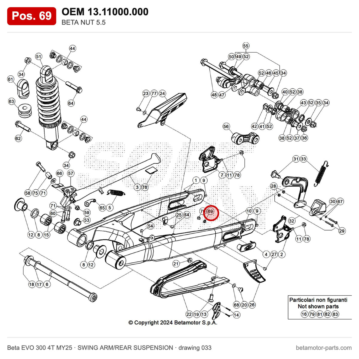 BETA NUT 5.5 – OEM 13.11000.000, position 69 on the Beta EVO 300 4T MY25 swing arm/rear suspension drawing