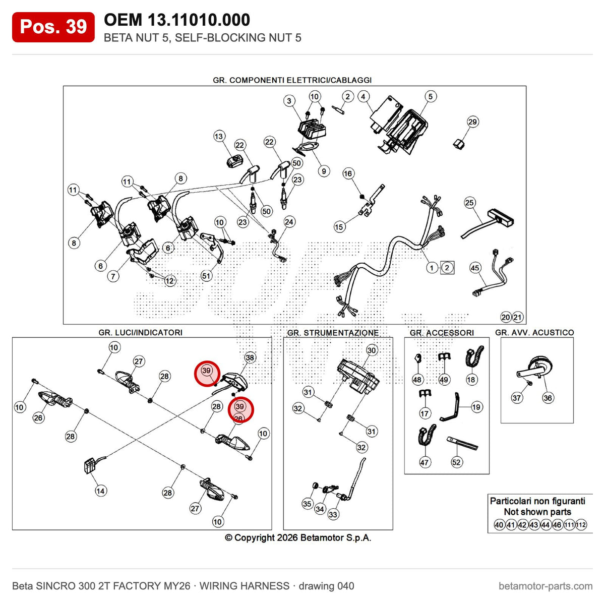 BETA NUT 5, SELF-BLOCKING NUT 5 – OEM 13.11010.000, position 39 on the Beta SINCRO 300 2T FACTORY MY26 wiring harness drawing