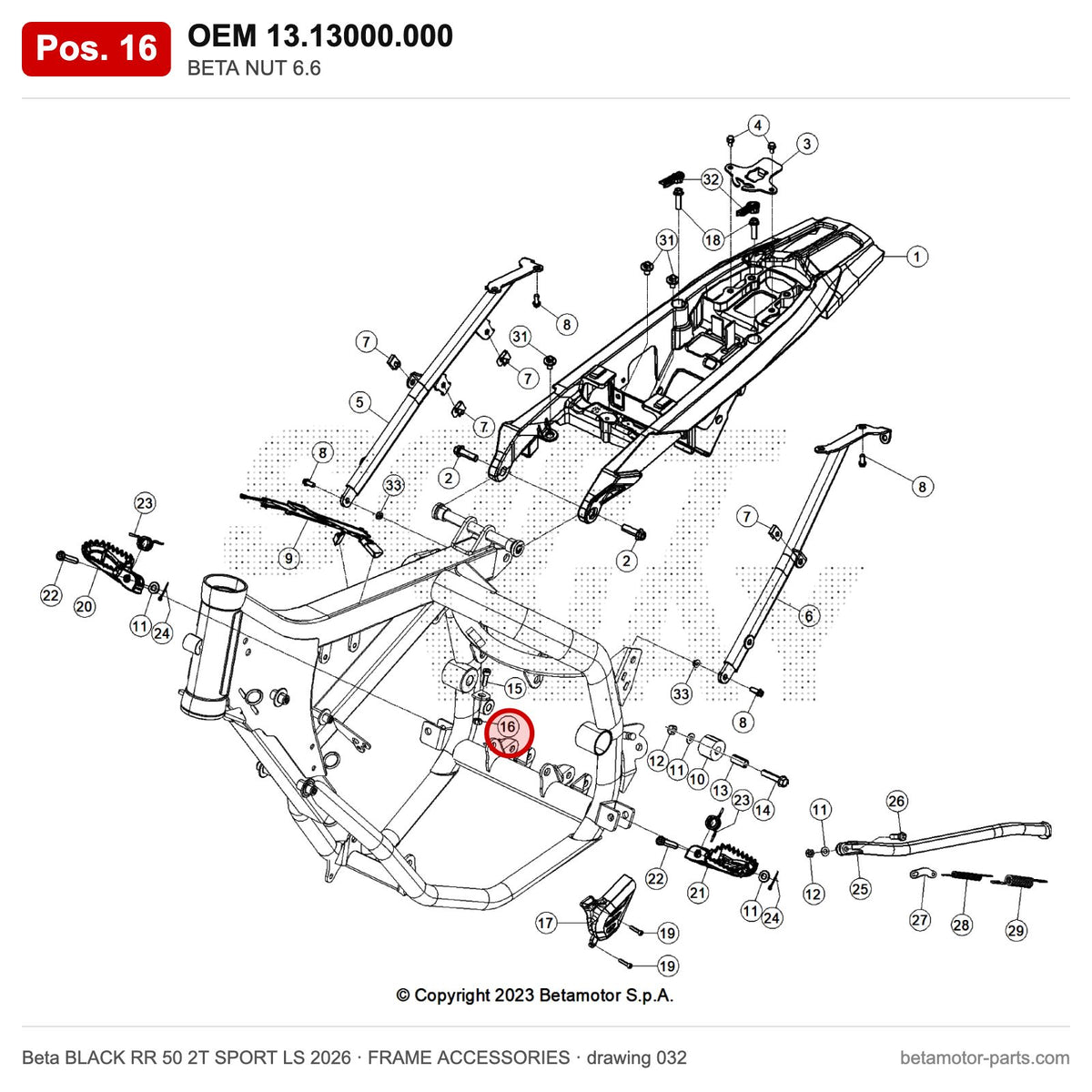 BETA NUT 6.6 – OEM 13.13000.000, position 16 on the Beta BLACK RR 50 2T SPORT LS 2026 frame accessories drawing