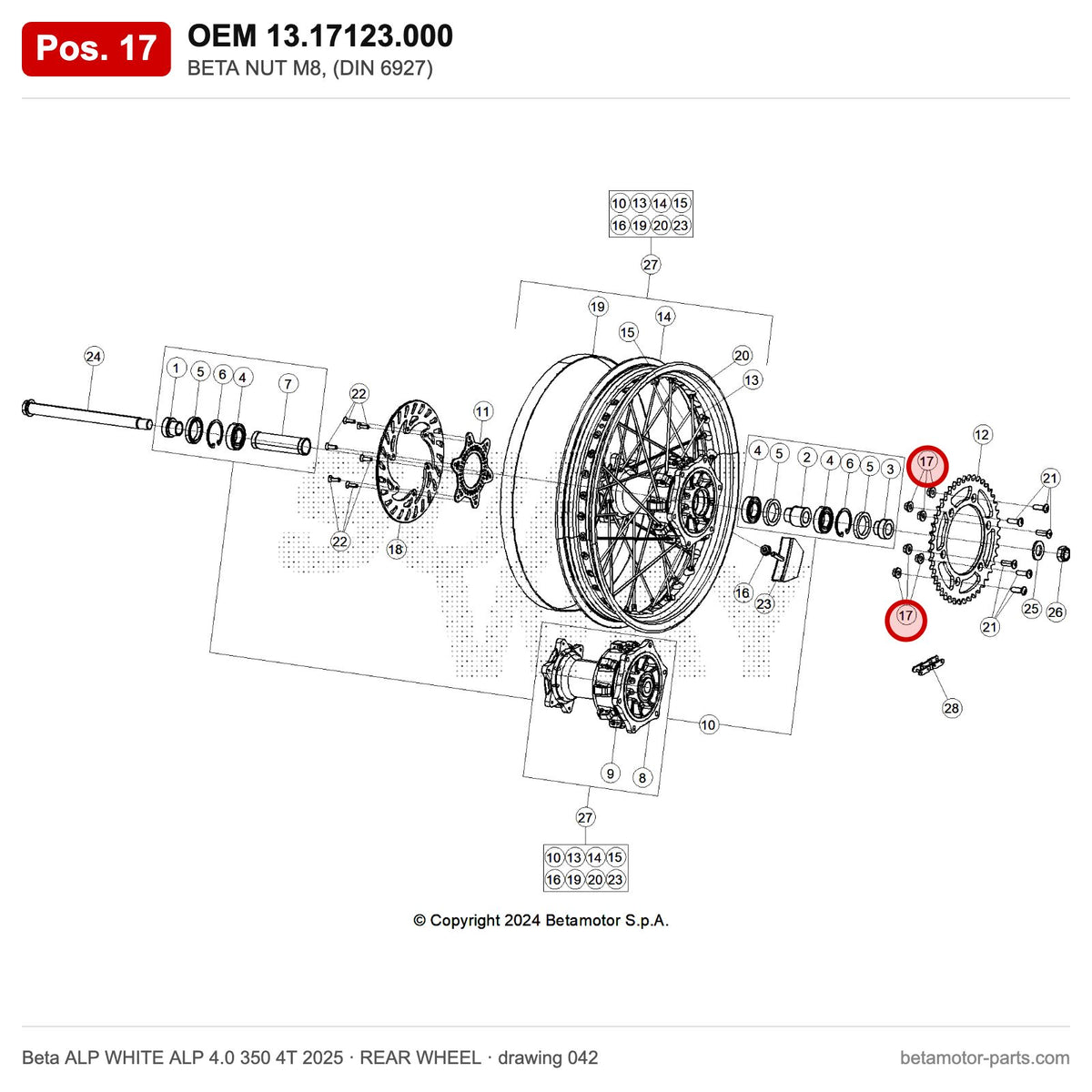 BETA NUT M8, (DIN 6927) – OEM 13.17123.000, position 17 on the Beta ALP WHITE ALP 4.0 350 4T 2025 rear wheel drawing
