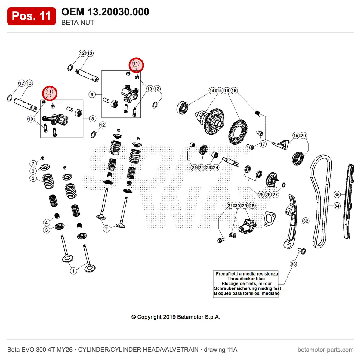 BETA NUT – OEM 13.20030.000, position 11 on the Beta EVO 300 4T MY26 cylinder/cylinder head/valvetrain drawing