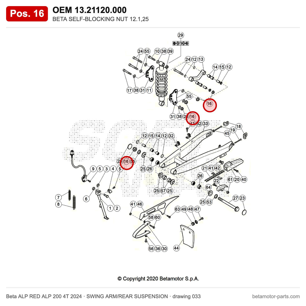 BETA SELF-BLOCKING NUT 12.1,25 – OEM 13.21120.000, position 16 on the Beta ALP RED ALP 200 4T 2024 swing arm/rear suspension drawing