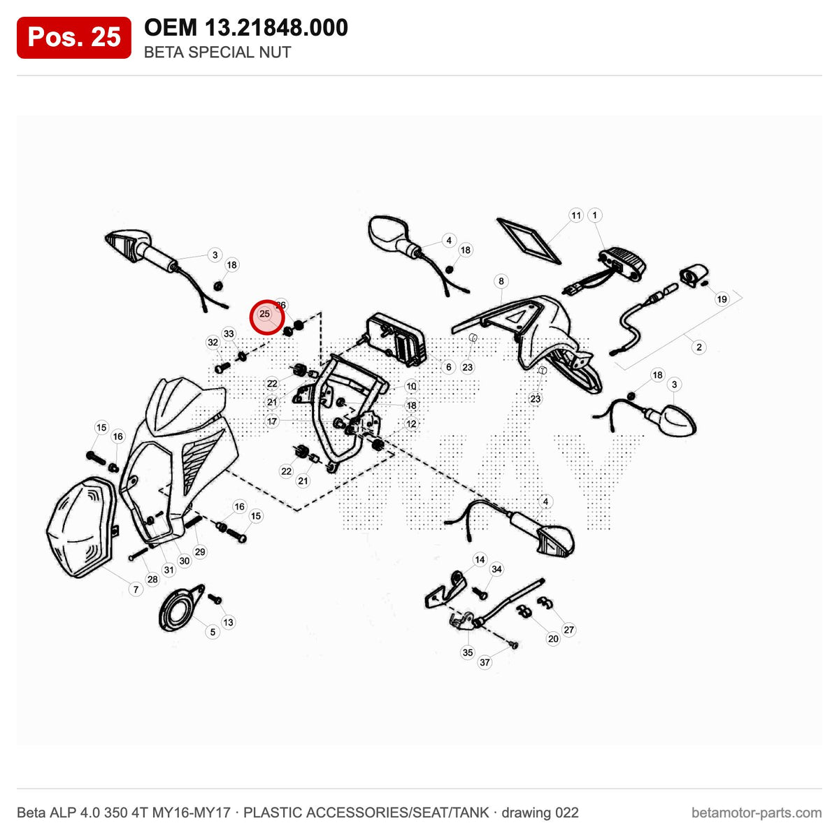 BETA SPECIAL NUT – OEM 13.21848.000, position 25 on the Beta ALP 4.0 350 4T MY16-MY17 plastic accessories/seat/tank drawing