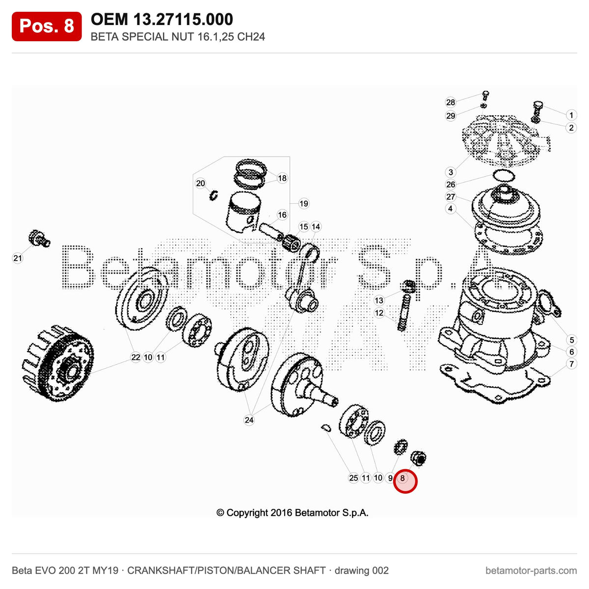 BETA SPECIAL NUT 16.1,25 CH24 – OEM 13.27115.000, position 8 on the Beta EVO 200 2T MY19 crankshaft/piston/balancer shaft drawing