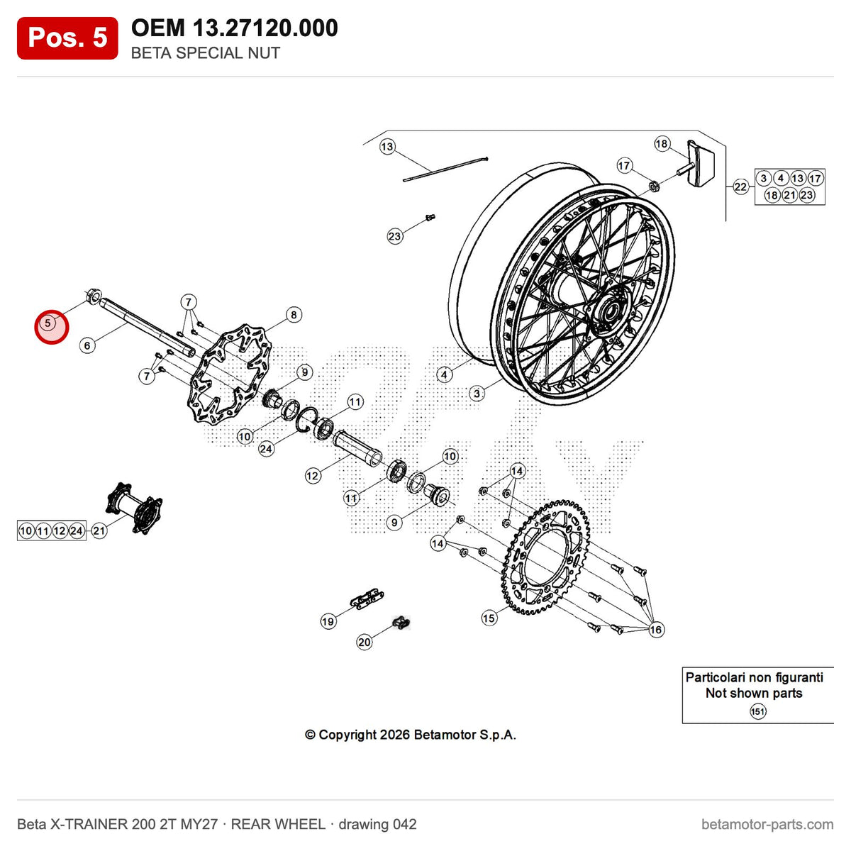 BETA SPECIAL NUT – OEM 13.27120.000, position 5 on the Beta X-TRAINER 200 2T MY27 rear wheel drawing