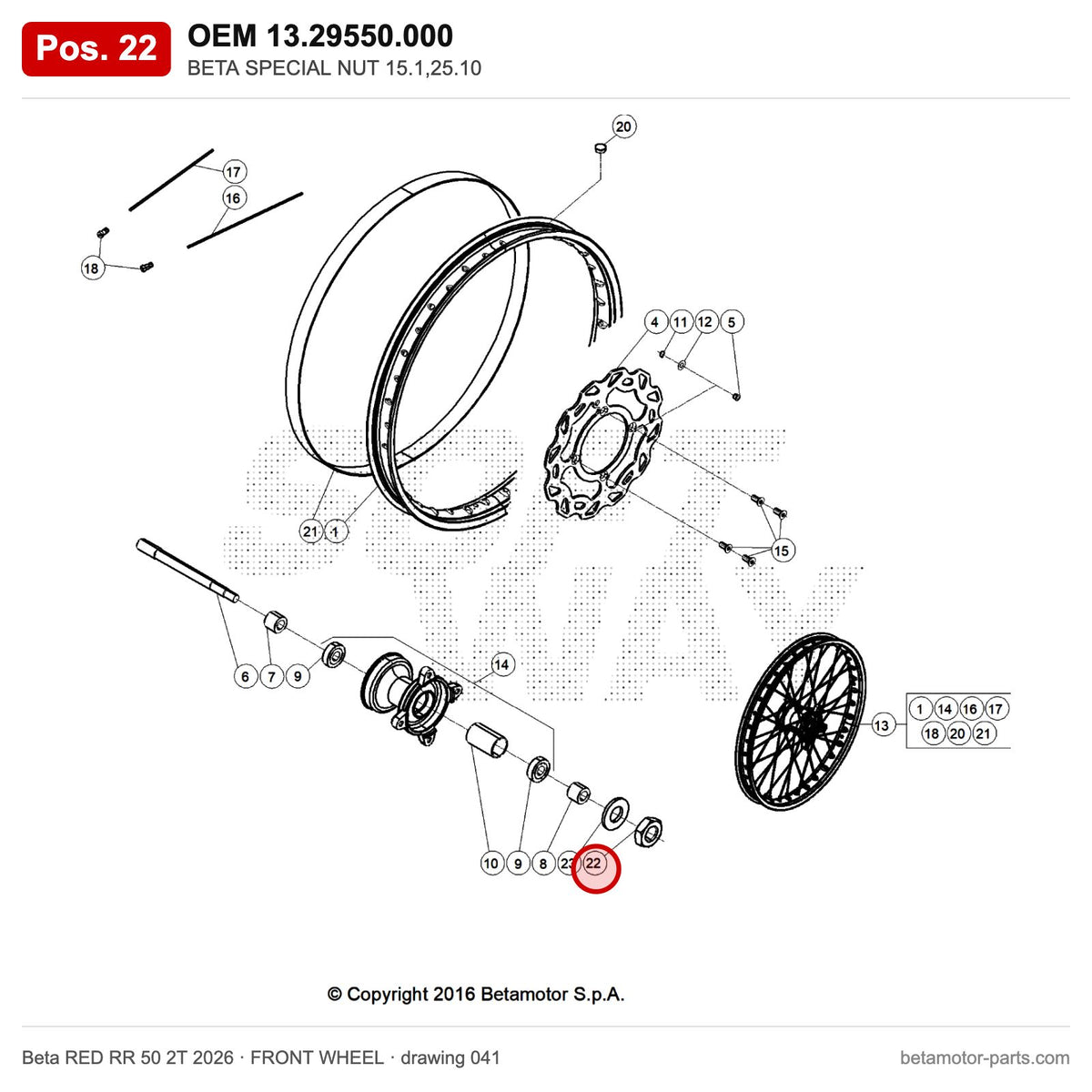BETA SPECIAL NUT 15.1,25.10 – OEM 13.29550.000, position 22 on the Beta RED RR 50 2T 2026 front wheel drawing