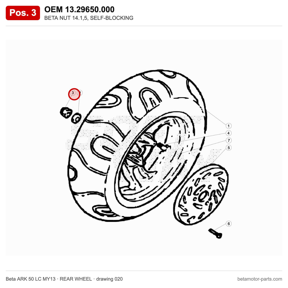BETA NUT 14.1,5, SELF-BLOCKING – OEM 13.29650.000, position 3 on the Beta ARK 50 LC MY13 rear wheel drawing