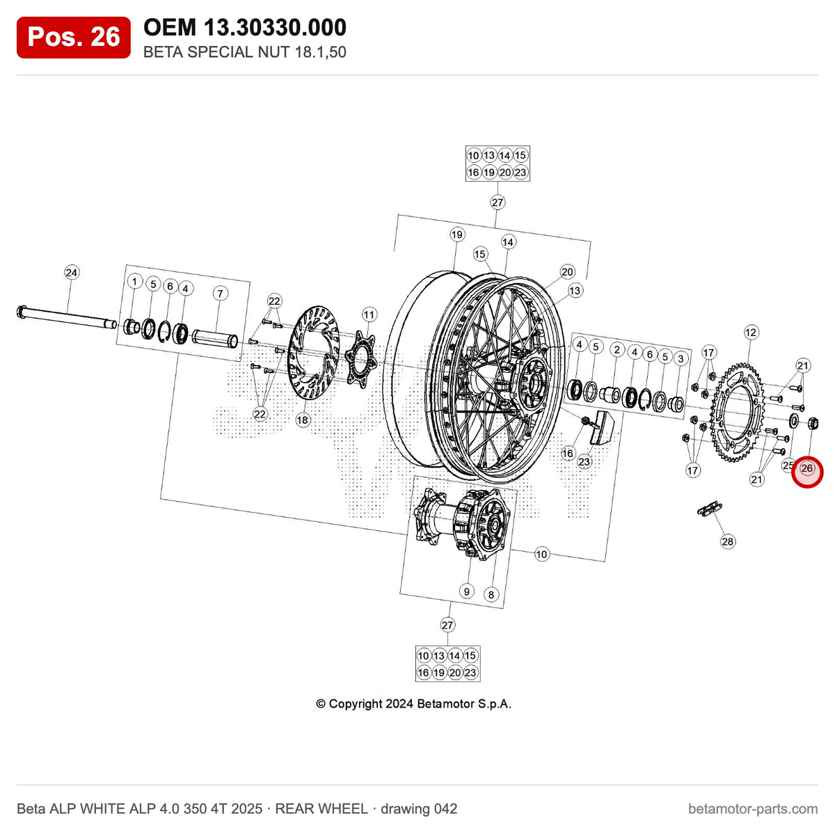 BETA SPECIAL NUT 18.1,50 – OEM 13.30330.000, position 26 on the Beta ALP WHITE ALP 4.0 350 4T 2025 rear wheel drawing