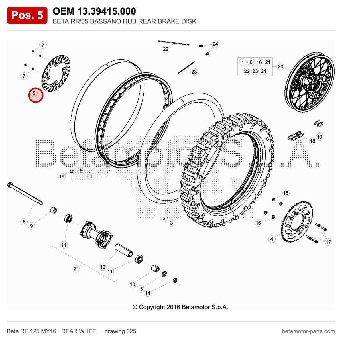 BETA RR'05 BASSANO HUB REAR BRAKE DISK – OEM 13.39415.000, position 5 on the Beta RE 125 MY16 rear wheel drawing