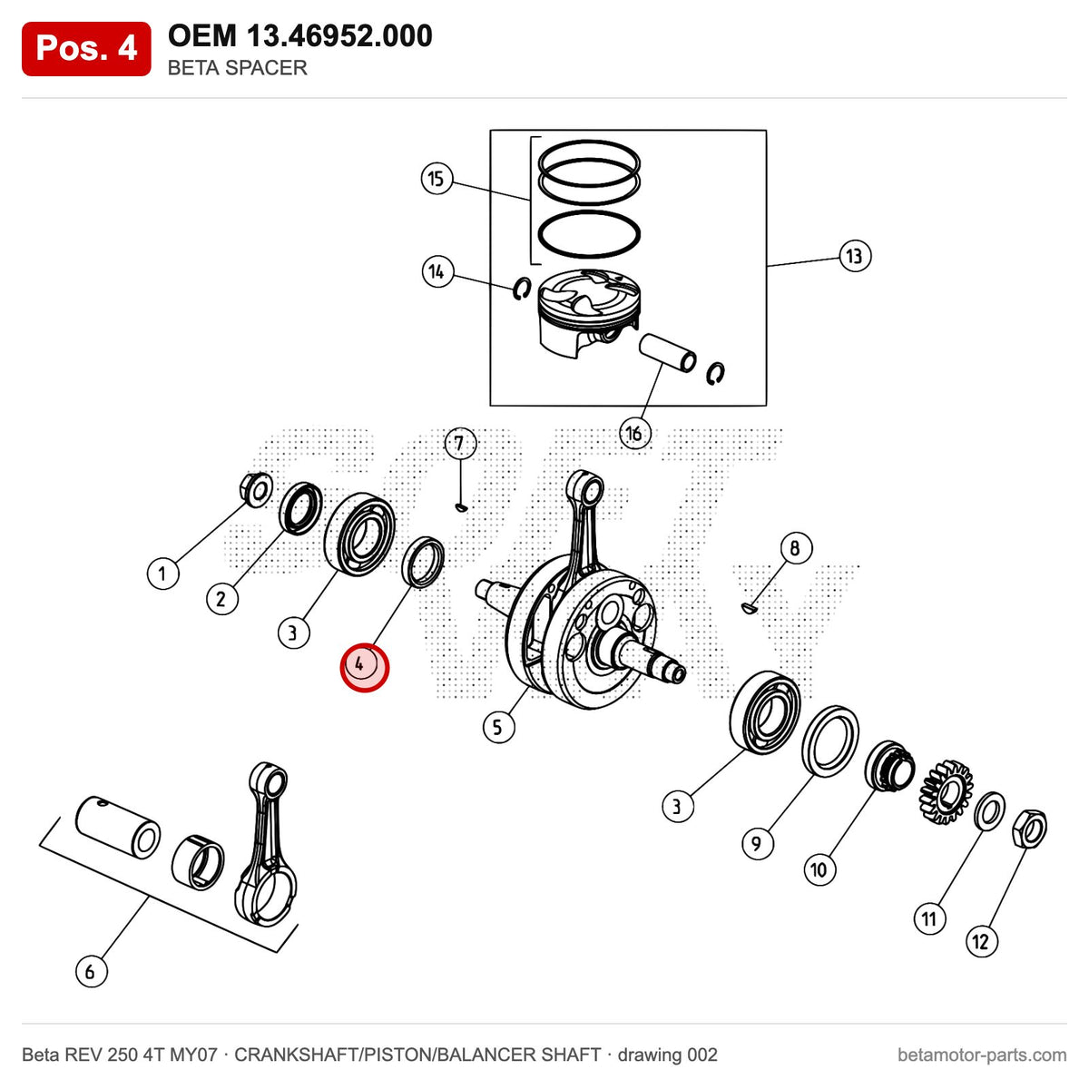 BETA SPACER – OEM 13.46952.000, position 4 on the Beta REV 250 4T MY07 crankshaft/piston/balancer shaft drawing