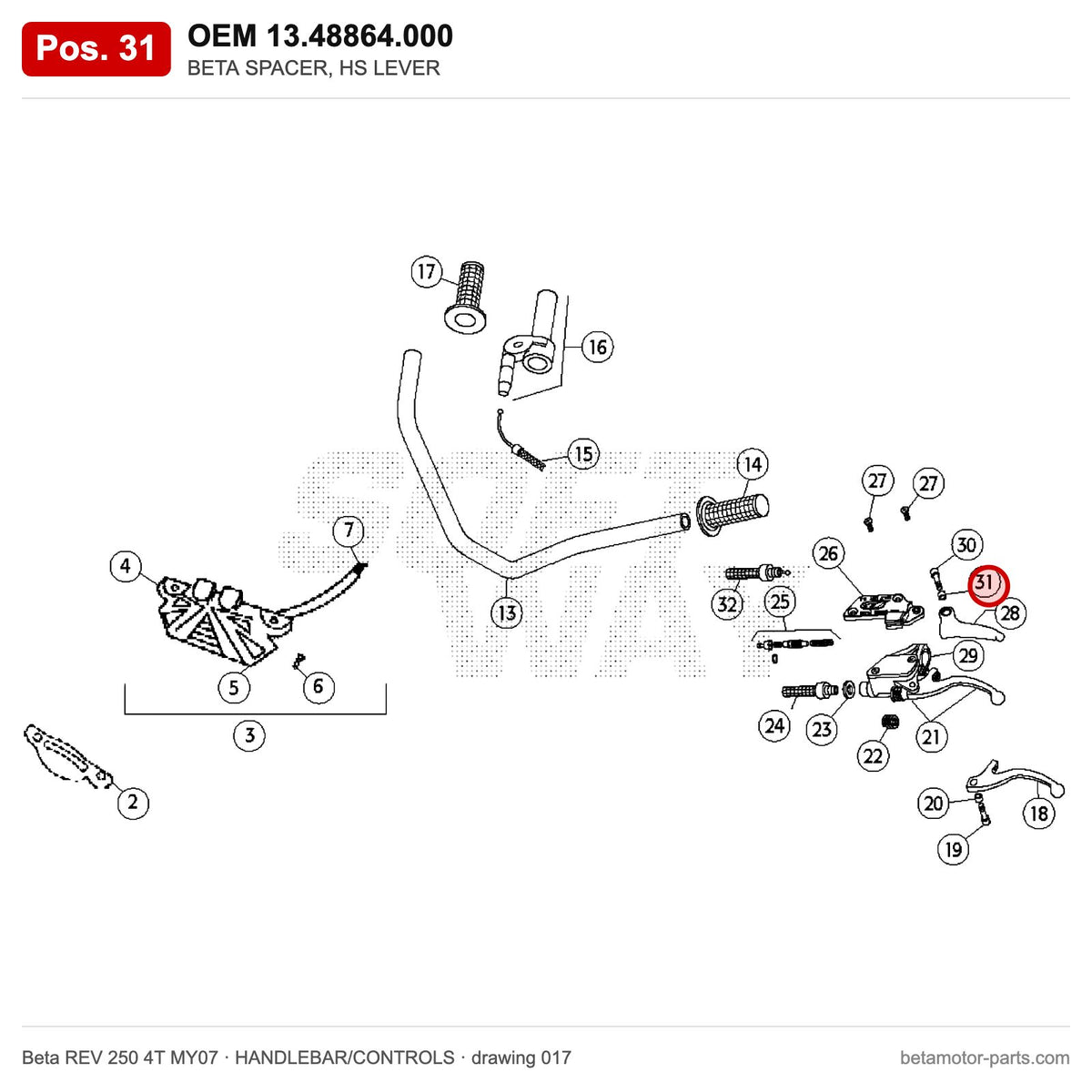 BETA SPACER, HS LEVER – OEM 13.48864.000, position 31 on the Beta REV 250 4T MY07 handlebar/controls drawing