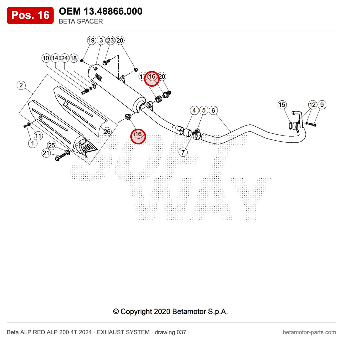 BETA SPACER – OEM 13.48866.000, position 16 on the Beta ALP RED ALP 200 4T 2024 exhaust system drawing
