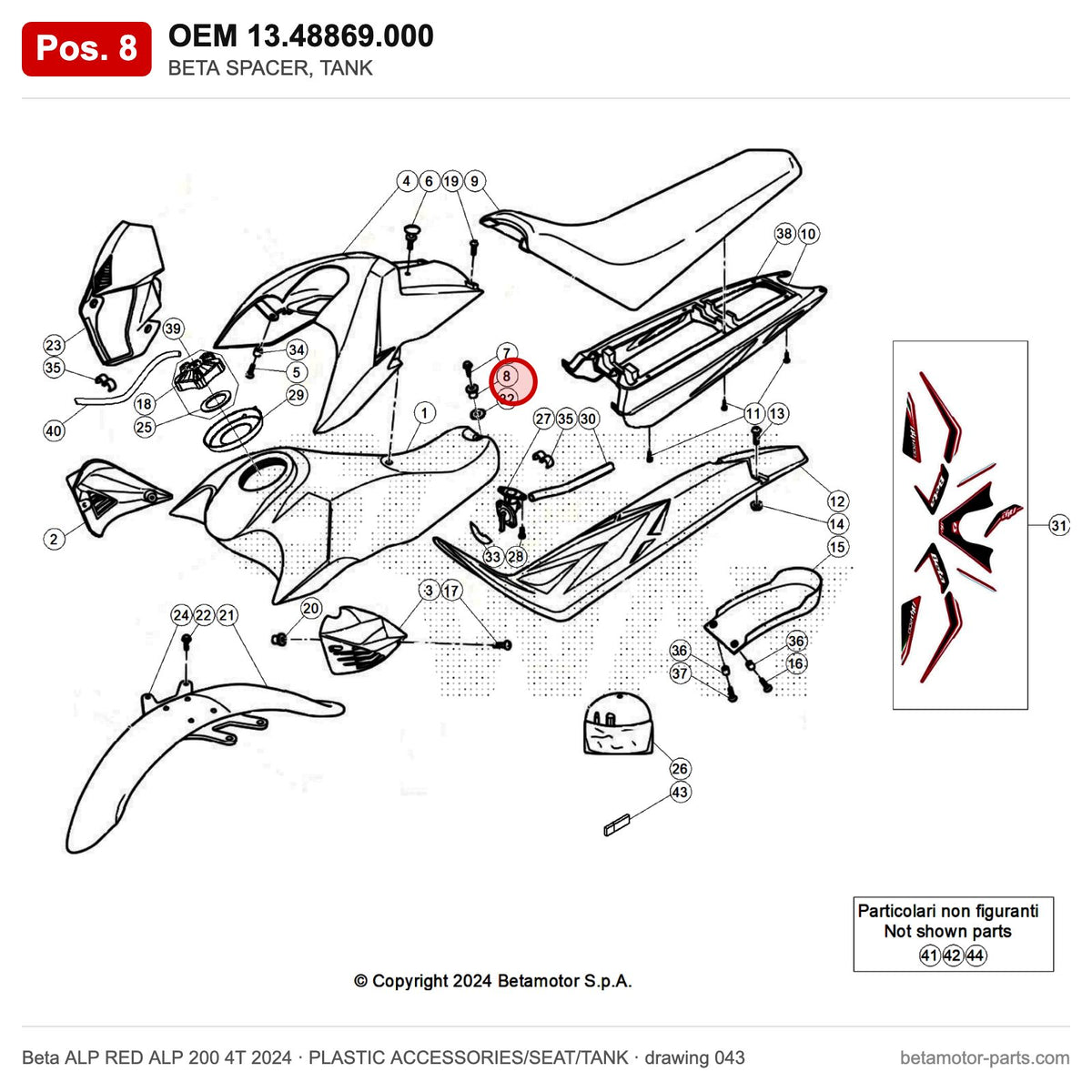 BETA SPACER, TANK – OEM 13.48869.000, position 8 on the Beta ALP RED ALP 200 4T 2024 plastic accessories/seat/tank drawing