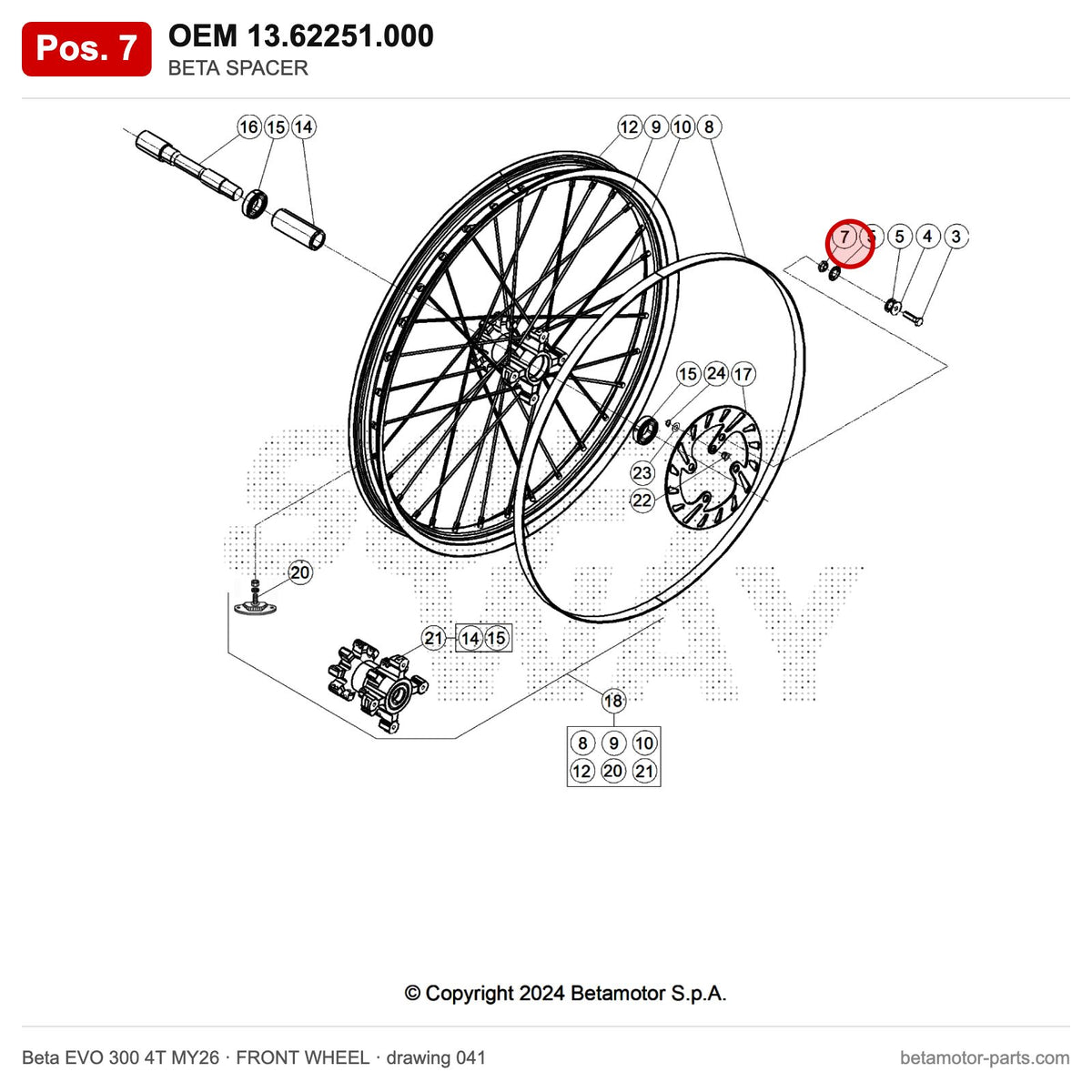 BETA SPACER – OEM 13.62251.000, position 7 on the Beta EVO 300 4T MY26 front wheel drawing