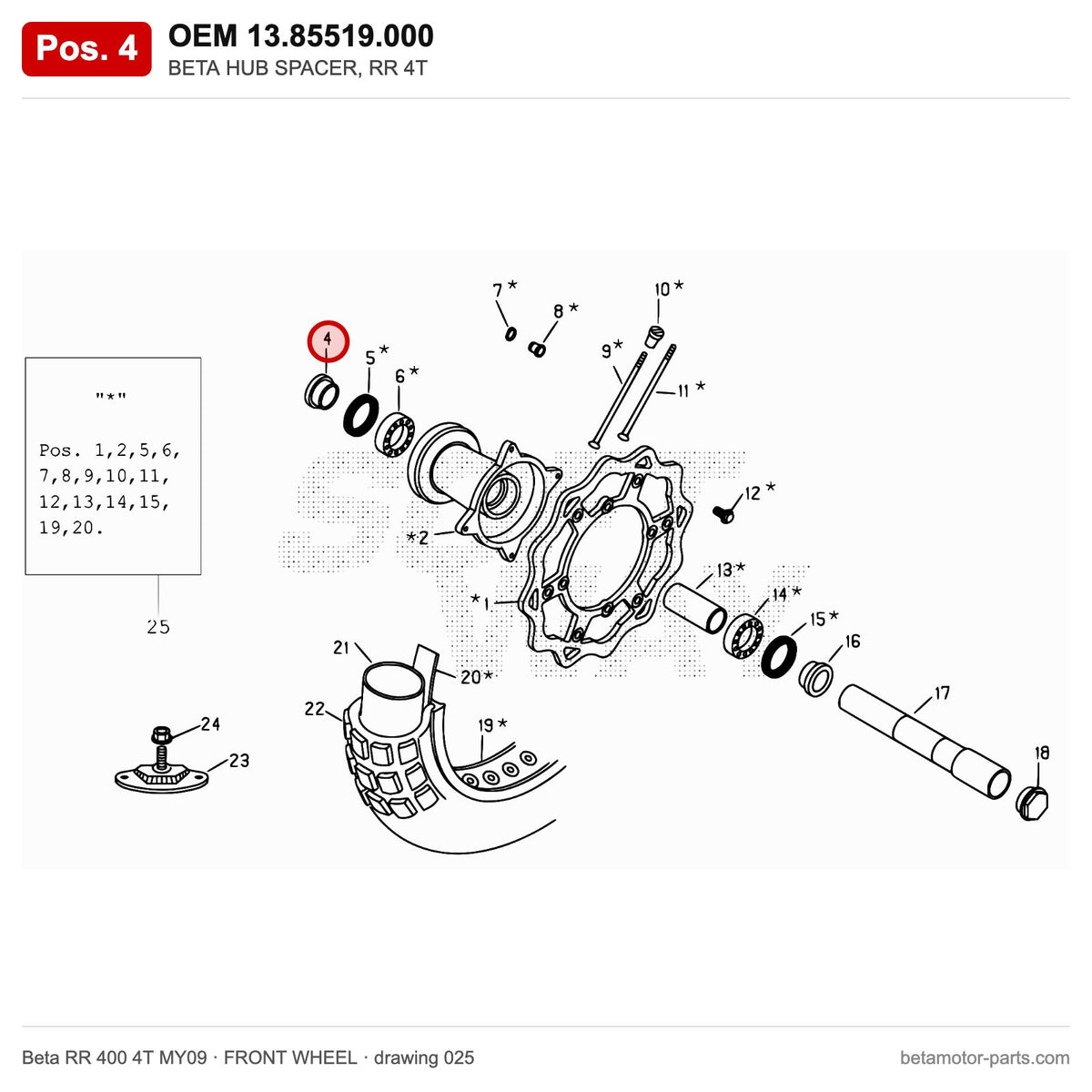 BETA HUB SPACER, RR 4T – OEM 13.85519.000, position 4 on the Beta RR 400 4T MY09 front wheel drawing