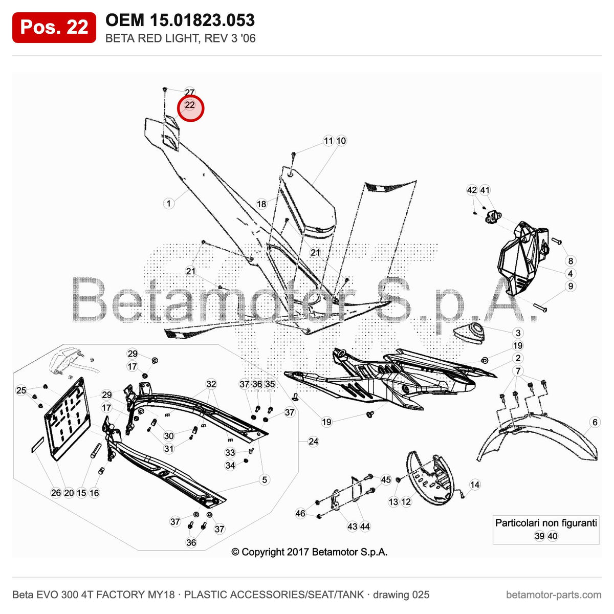 BETA RED LIGHT, REV 3 '06 – OEM 15.01823.053, position 22 on the Beta EVO 300 4T FACTORY MY18 plastic accessories/seat/tank drawing
