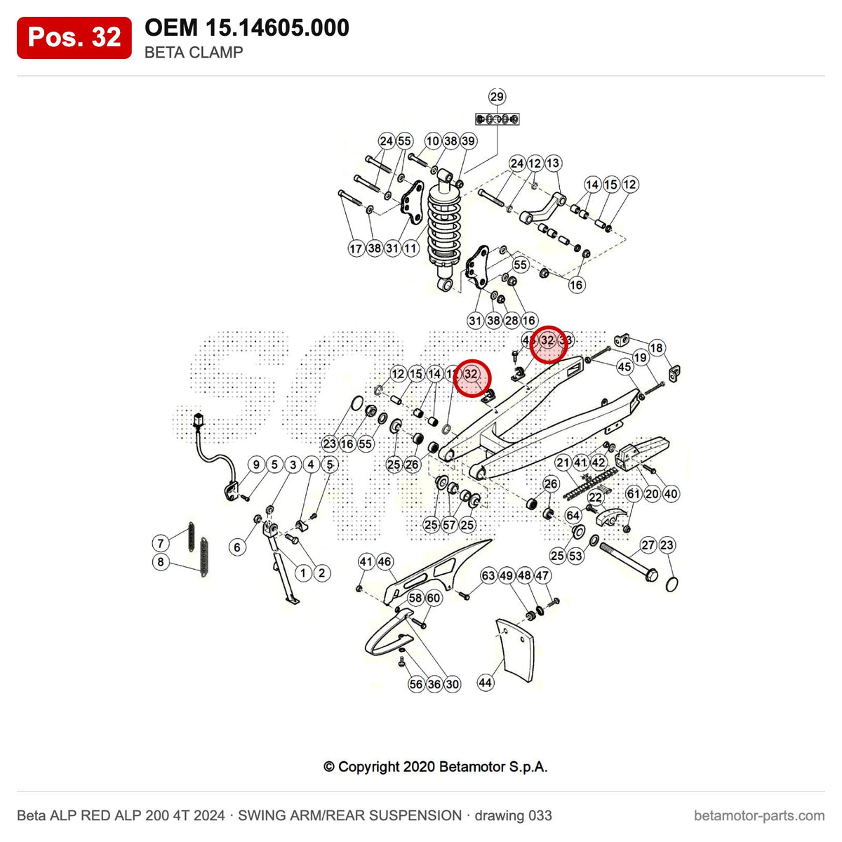 BETA CLAMP – OEM 15.14605.000, position 32 on the Beta ALP RED ALP 200 4T 2024 swing arm/rear suspension drawing