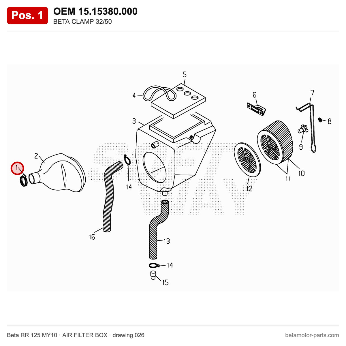 BETA CLAMP 32/50 – OEM 15.15380.000, position 1 on the Beta RR 125 MY10 air filter box drawing