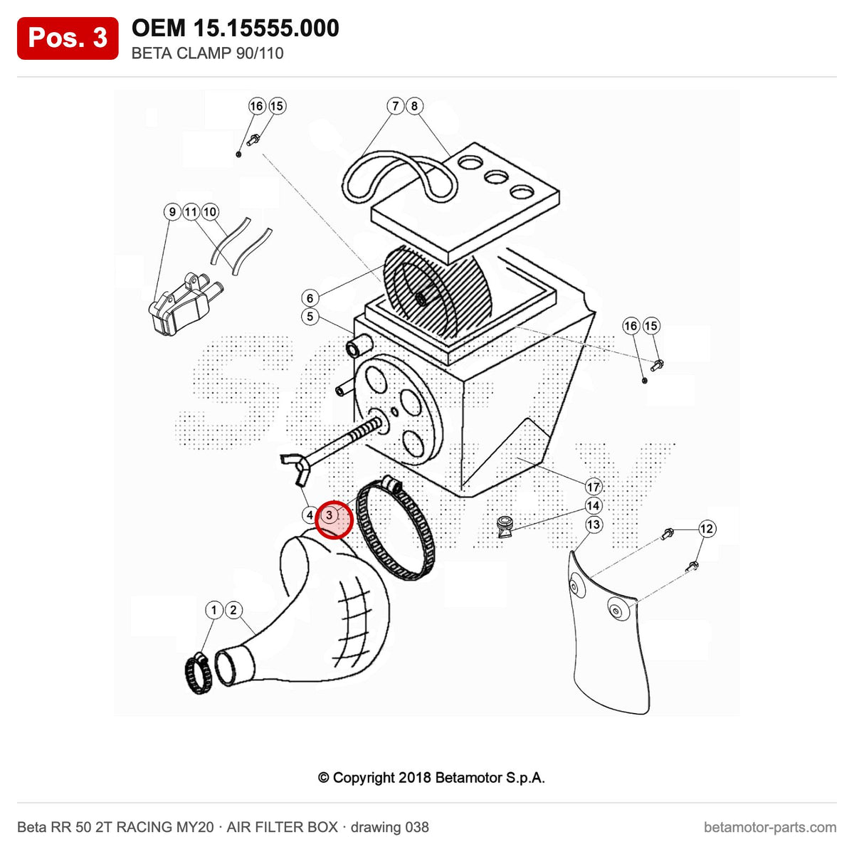 BETA CLAMP 90/110 – OEM 15.15555.000, position 3 on the Beta RR 50 2T RACING MY20 air filter box drawing