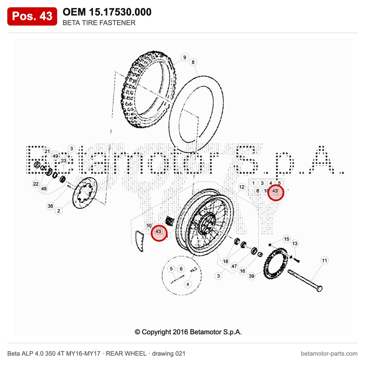 BETA TIRE FASTENER – OEM 15.17530.000, position 43 on the Beta ALP 4.0 350 4T MY16-MY17 rear wheel drawing