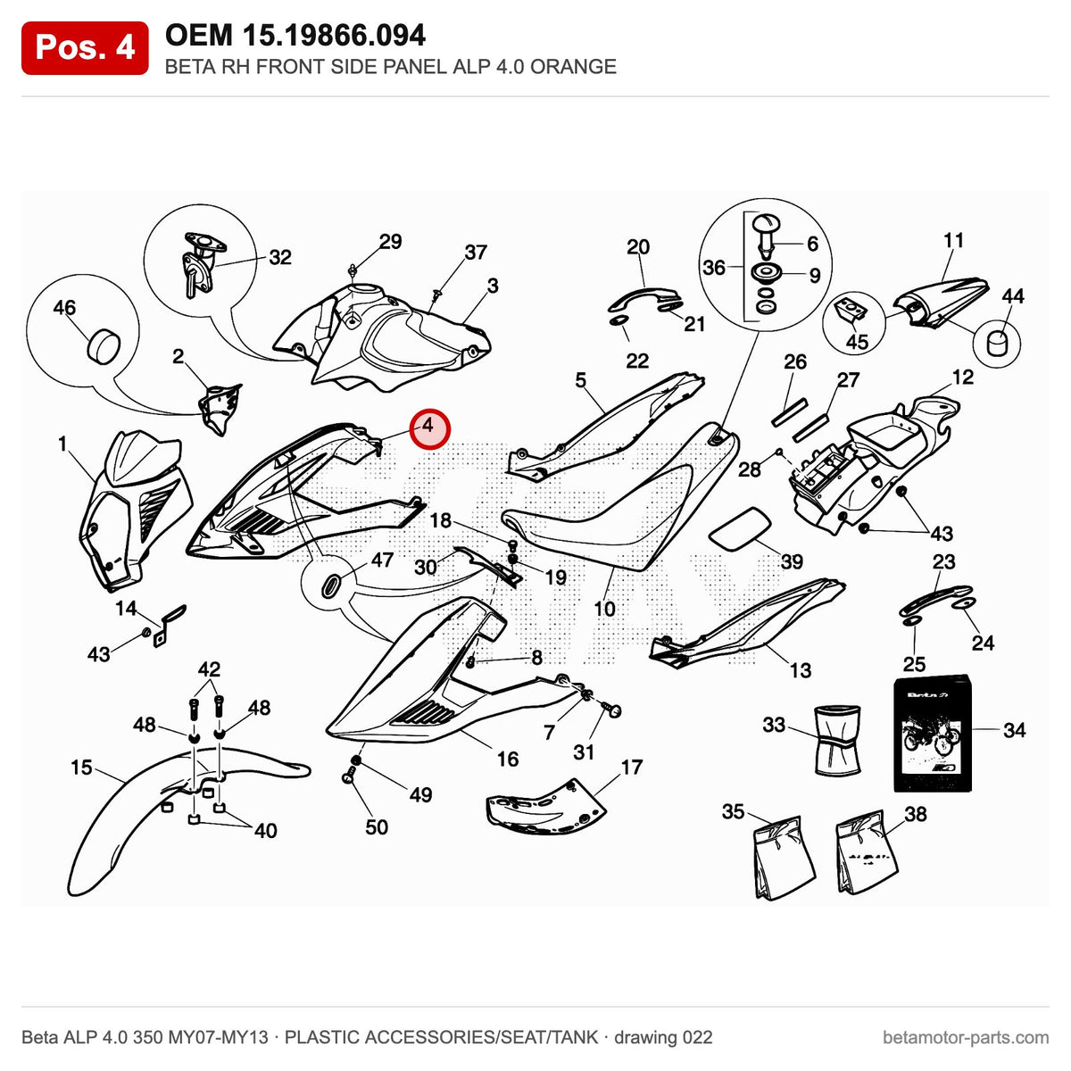 BETA RH FRONT SIDE PANEL ALP 4.0 ORANGE – OEM 15.19866.094, position 4 on the Beta ALP 4.0 350 MY07-MY13 plastic accessories/seat/tank drawing