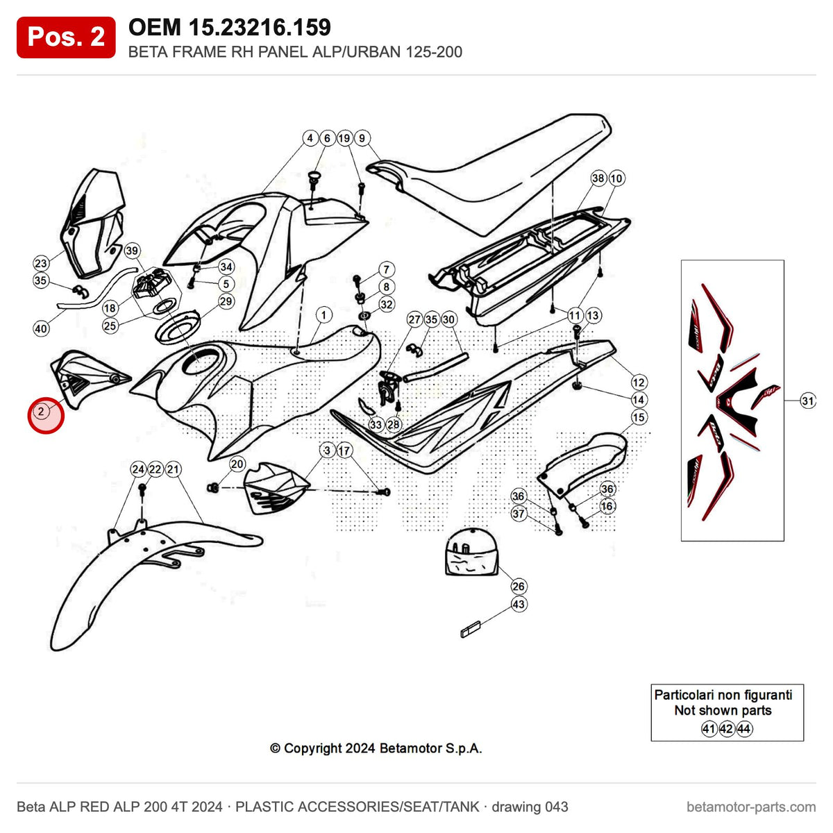 BETA FRAME RH PANEL ALP/URBAN 125-200 – OEM 15.23216.159, position 2 on the Beta ALP RED ALP 200 4T 2024 plastic accessories/seat/tank drawing